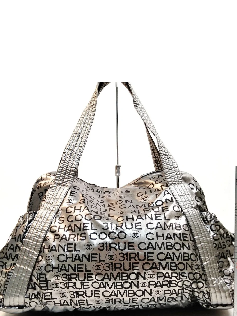 CHANEL Rue Cambon Metallic Nylon Tote Silver Black Logo Shoulder Bag - Picture 3 of 11
